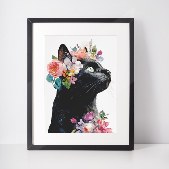 Watercolor Black Cat With Flowers Portrait Wall Art Print Unframed - Picture 2 of 6